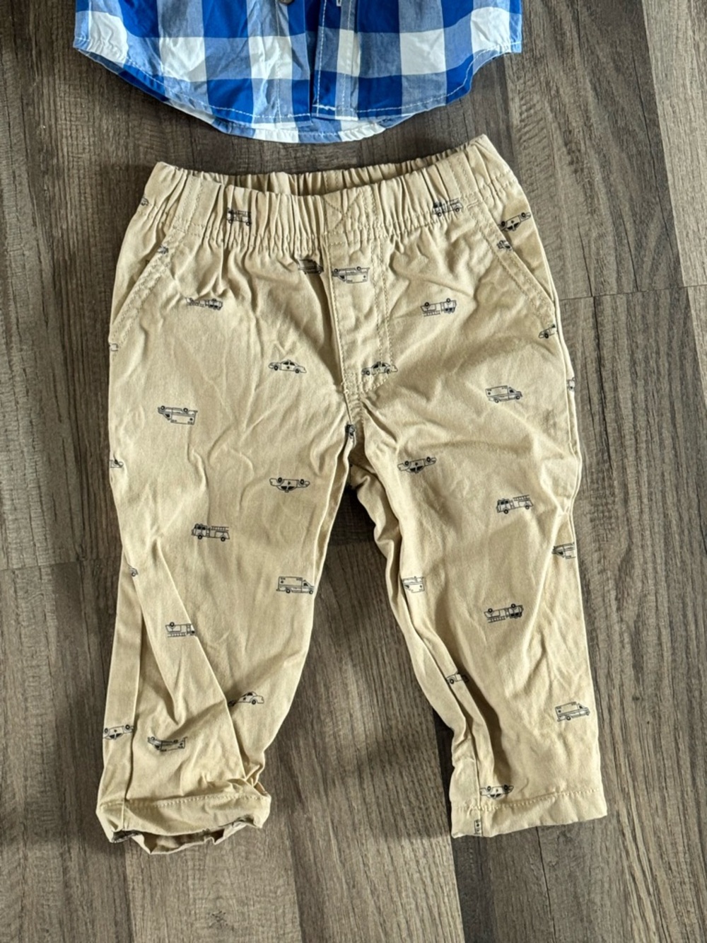 Carter's Blue and White Plaid Button-Up Shirt with Khaki Car Print Pants - Picture 3 of 4